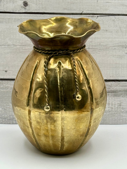 Vintage Brass "Paper Bag" Vase / Plant Pot / Vessel with Twisted Rope Accent, Vintage Home Decor