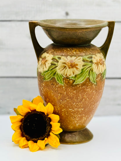 Antique / Vintage Roseville Pottery "Dahlrose" Vase in Terra Cotta, Green, and Yellow circa 1920s, Arts and Crafts Pottery