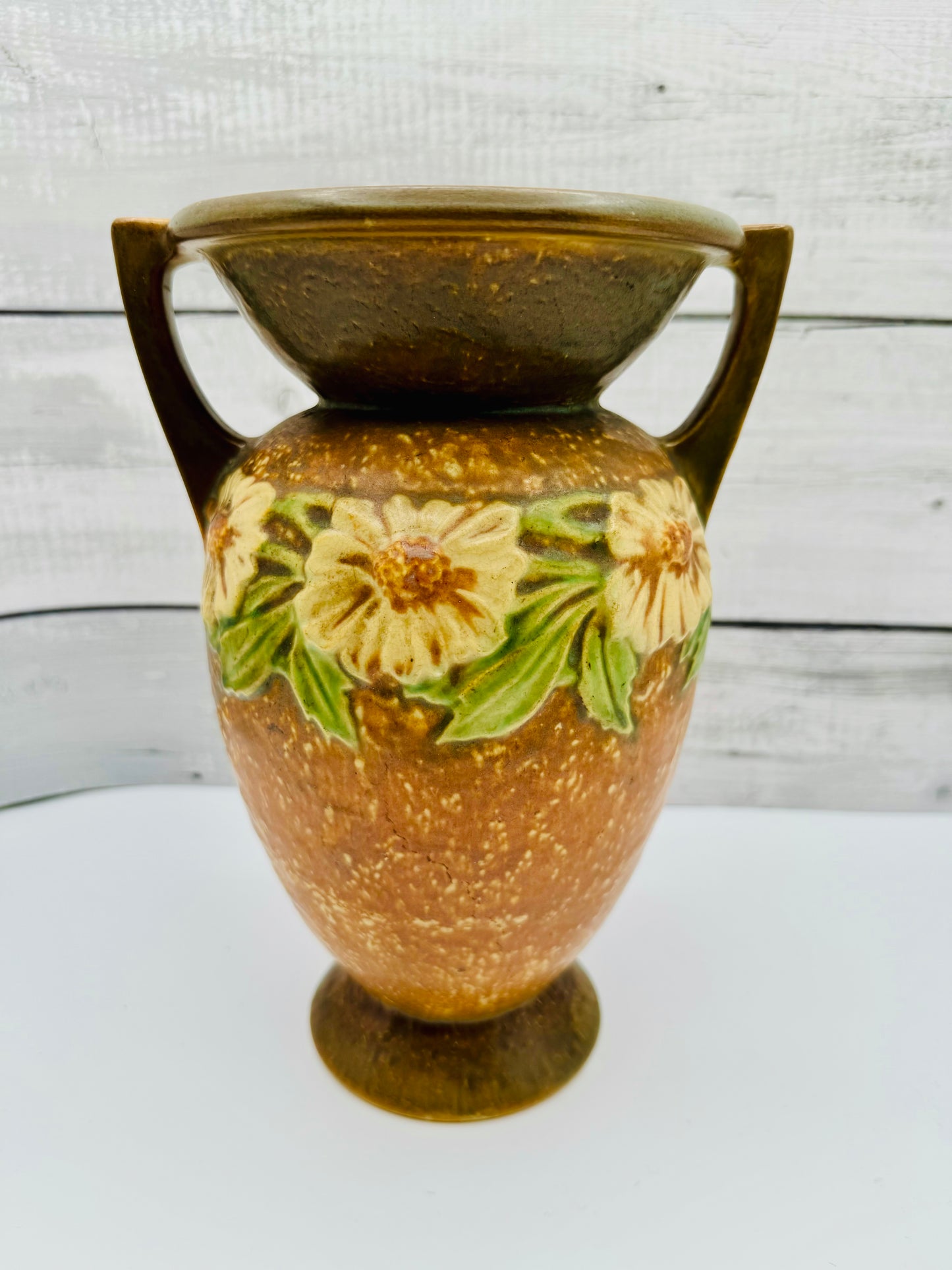 Antique / Vintage Roseville Pottery "Dahlrose" Vase in Terra Cotta, Green, and Yellow circa 1920s, Arts and Crafts Pottery