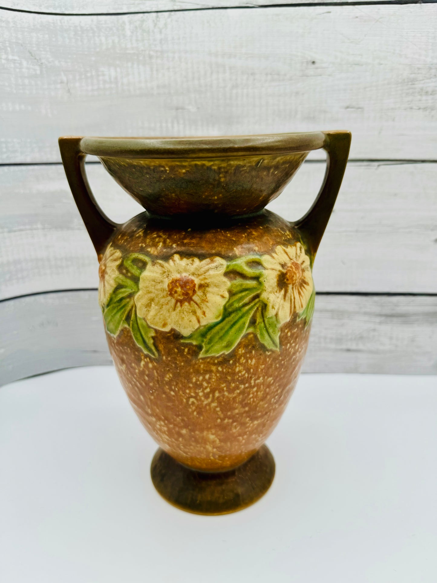 Antique / Vintage Roseville Pottery "Dahlrose" Vase in Terra Cotta, Green, and Yellow circa 1920s, Arts and Crafts Pottery