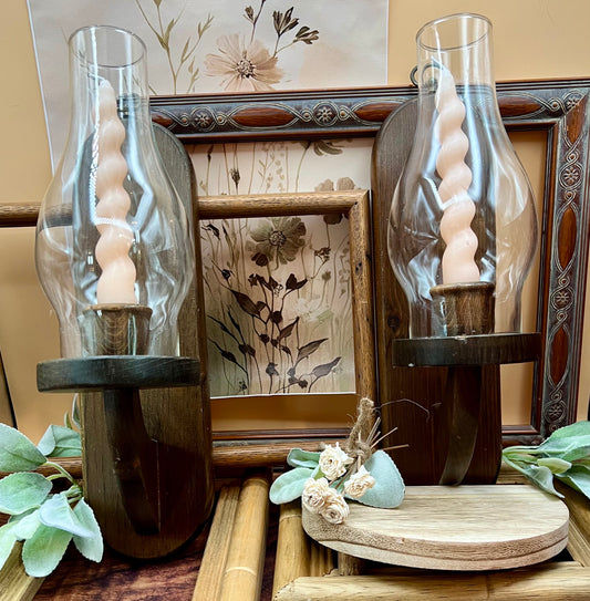 Pair of Vintage Putney Vermont Basketville Wooden Candleholder Sconces with Glass Hurricanes