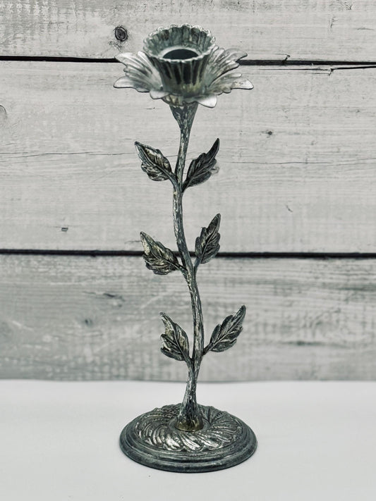 Vintage Patinated Silver Flower Blossom Candle Holder, Daffodil Candlestick, Vintage Silverplated Candle Holder