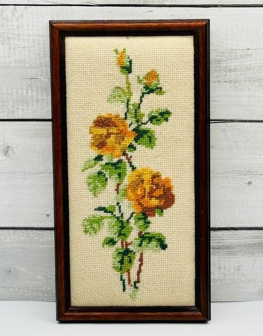 Vintage Framed Yellow Roses and Foliage Embroidery, Framed Wall Hanging, Gallery Wall, Grandmacore, Cottagecore