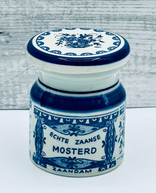 Vintage Hand Painted Delft Blue and White Mustard Jar from Holland marked Echte Zaanse Mosterd Zaandam