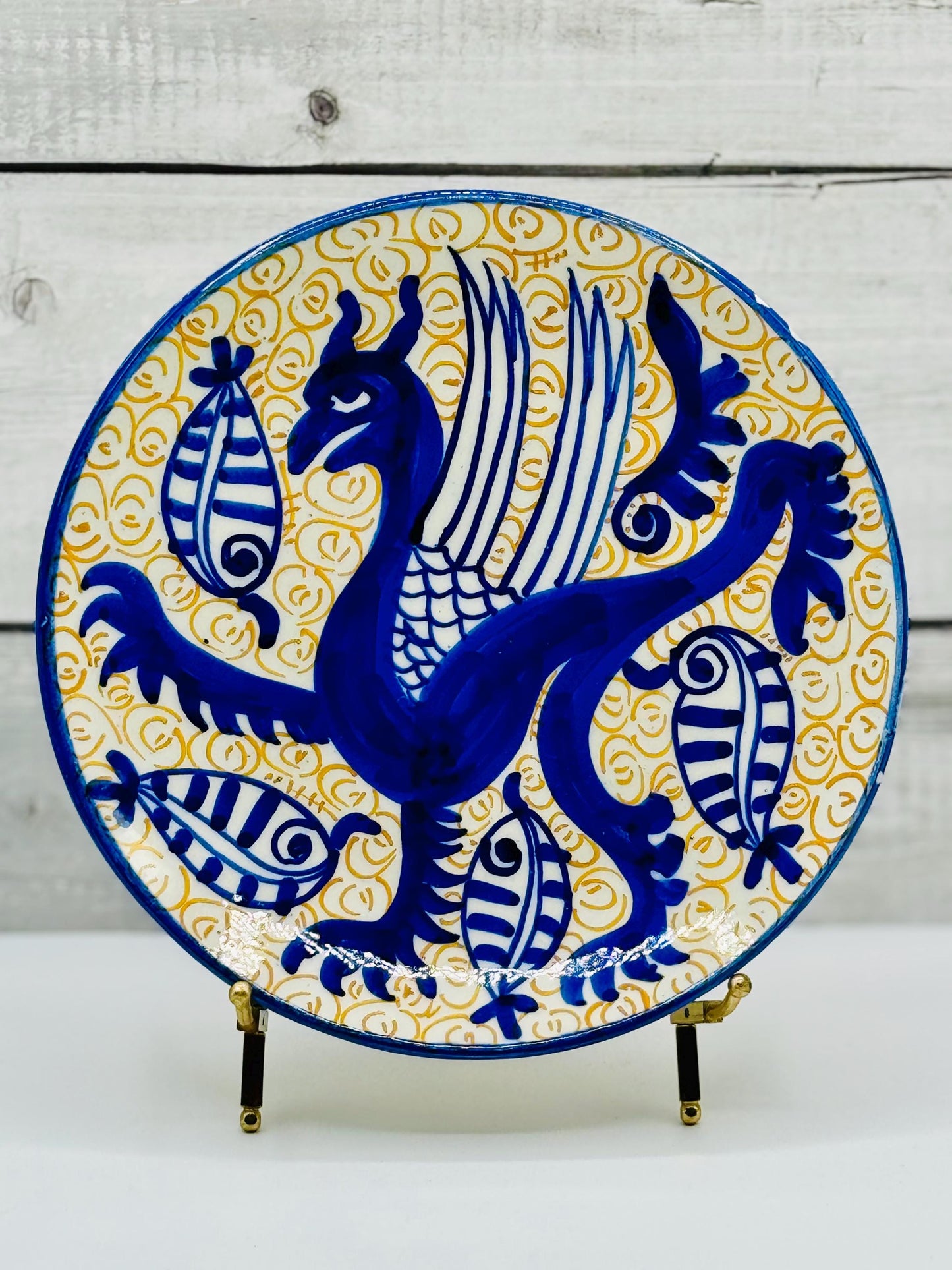 Vintage Hand Painted Majolica Pottery Plates in Blue and White, Plate Wall, Griffin, Heraldic Eagle