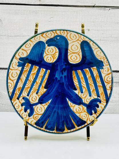 Vintage Hand Painted Majolica Pottery Plates in Blue and White, Plate Wall, Griffin, Heraldic Eagle