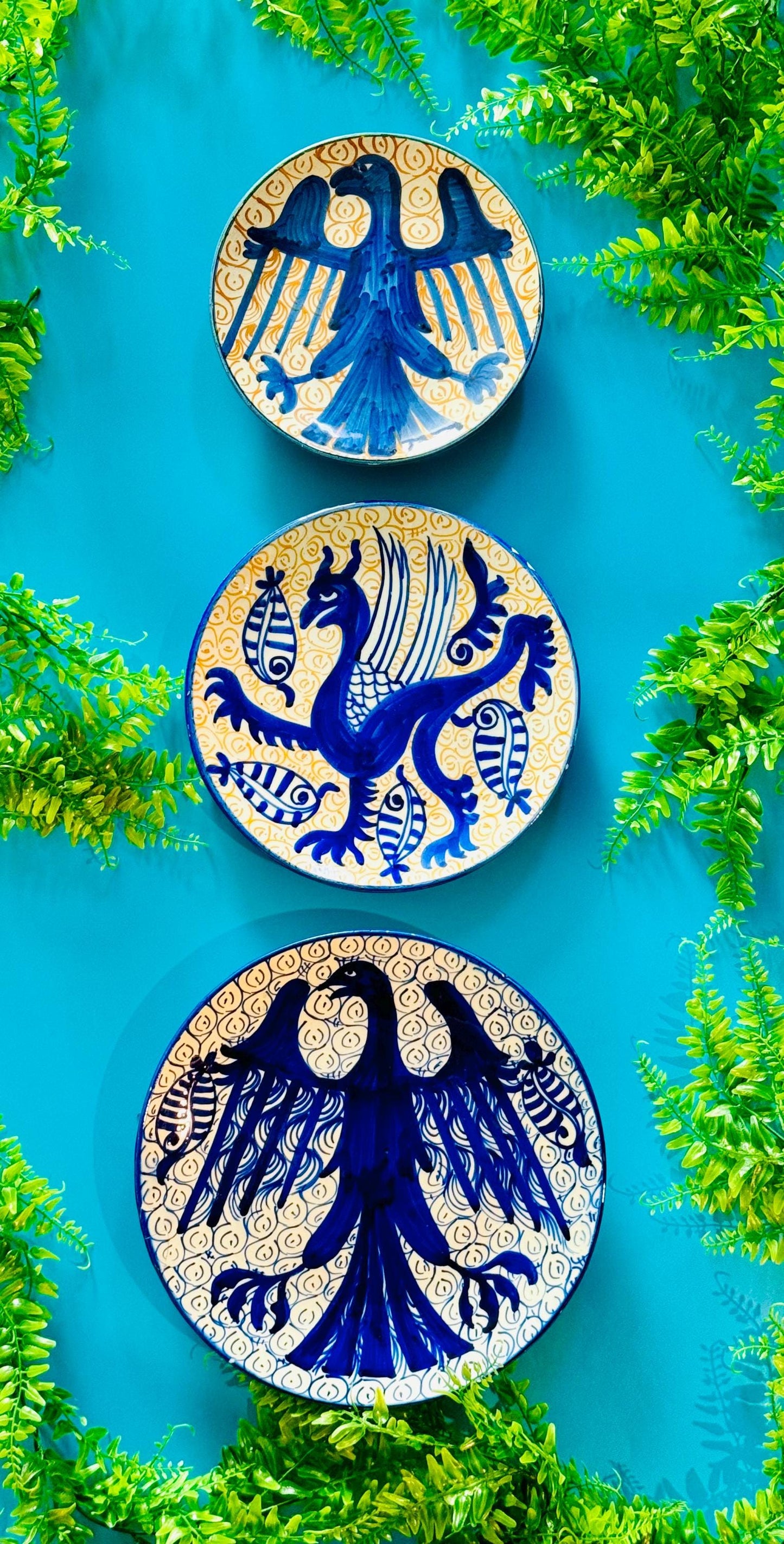 Vintage Hand Painted Majolica Pottery Plates in Blue and White, Plate Wall, Griffin, Heraldic Eagle