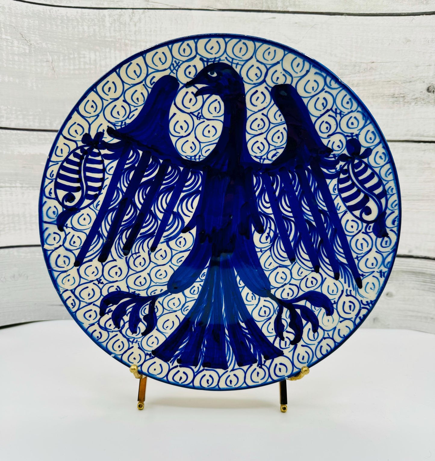 Vintage Hand Painted Majolica Pottery Plates in Blue and White, Plate Wall, Griffin, Heraldic Eagle