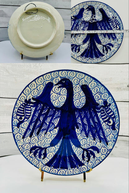 Vintage Hand Painted Majolica Pottery Plates in Blue and White, Plate Wall, Griffin, Heraldic Eagle