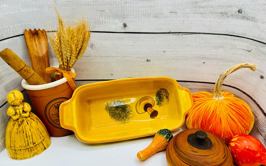 Vintage Hand Painted Mushroom and Herb Mustard Yellow Loaf Pan, Vintage Bakeware, Vintage Kitchenware, Autumn Decor and Fall Baking