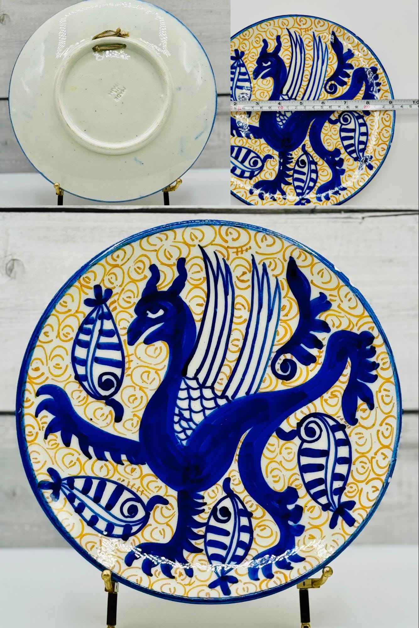 Vintage Hand Painted Majolica Pottery Plates in Blue and White, Plate Wall, Griffin, Heraldic Eagle