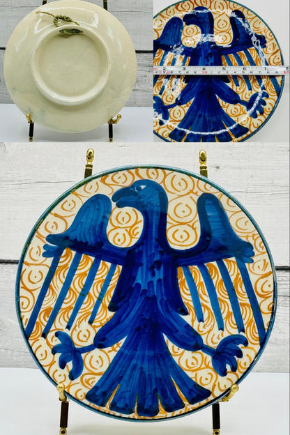 Vintage Hand Painted Majolica Pottery Plates in Blue and White, Plate Wall, Griffin, Heraldic Eagle